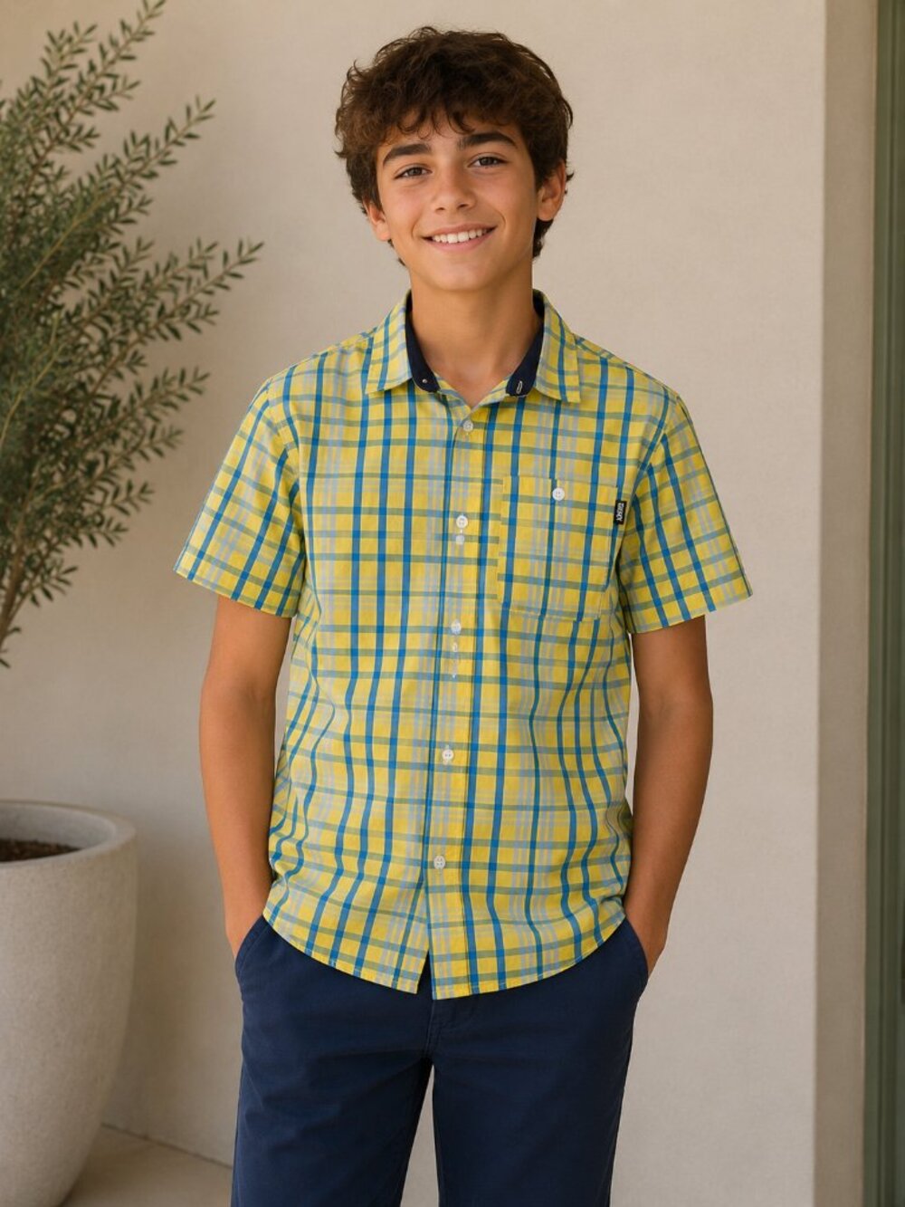 Boys DKNY Yellow and Blue Plaid Short-Sleeve Button-Down Shirt